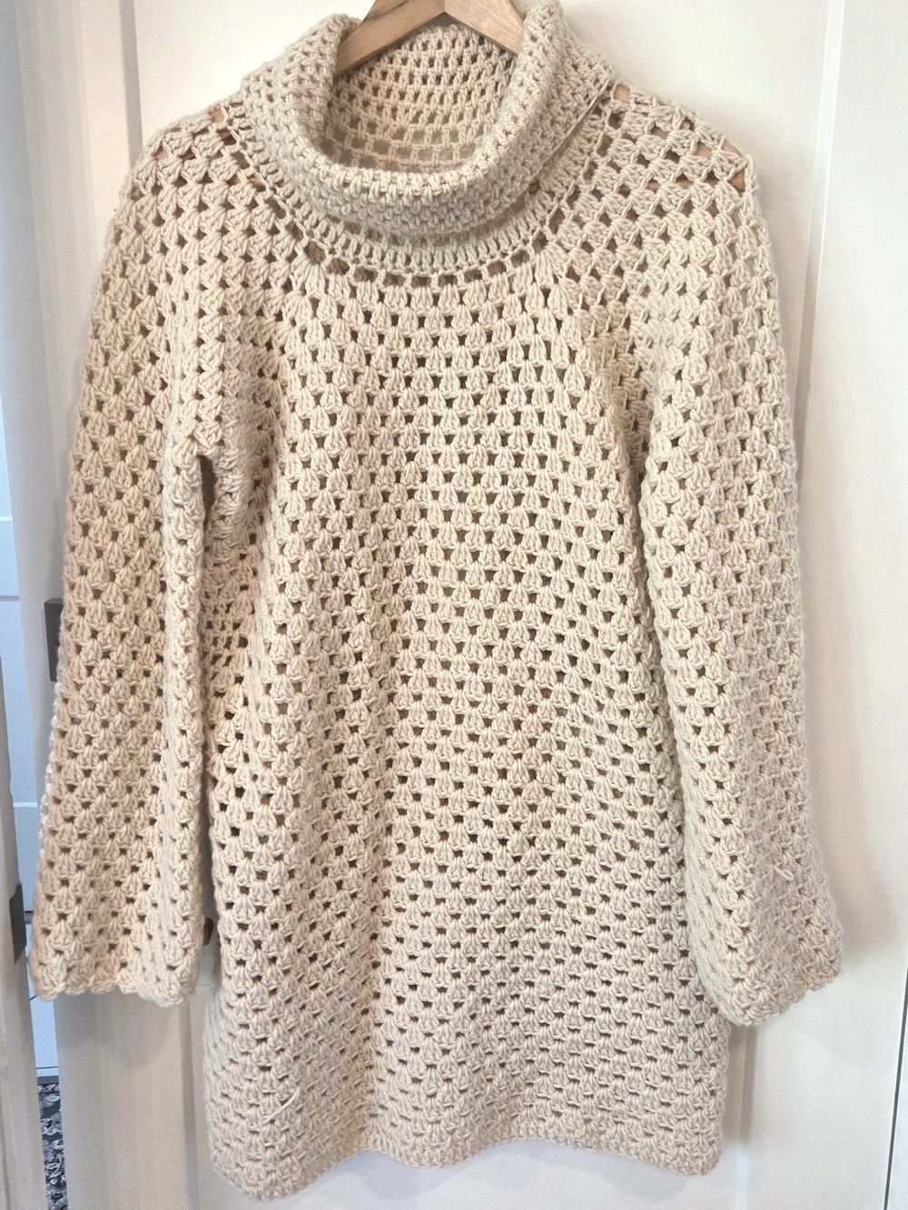 Vintage Handmade Crochet Sweater Dress Chunky Knit Cream Turtleneck Boho Cottage